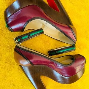 Christian Louboutin Platform Heels size 35.5  Burgandy/ green/ Tan leather